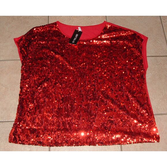 NEW NWT Red Plus Sz 24 Sparkly Sequined Front Stretchy Holiday Shirt IN' VOLAND - Picture 1 of 3